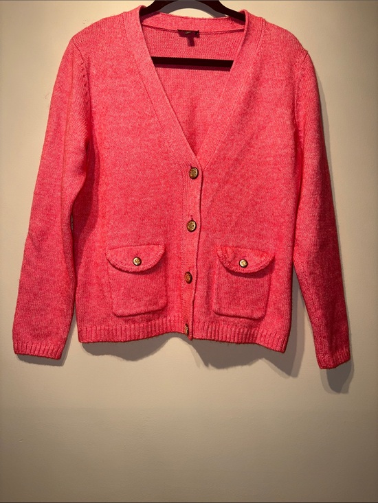 Talbots Sweaters - Talbots Coral Pink V-Neck Button Front Pocket Cardigan
